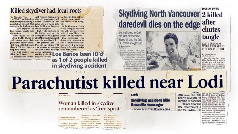 Newspaper clippings featuring tragedies from the Parachute Center skydiving facility at the Lodi Airport.