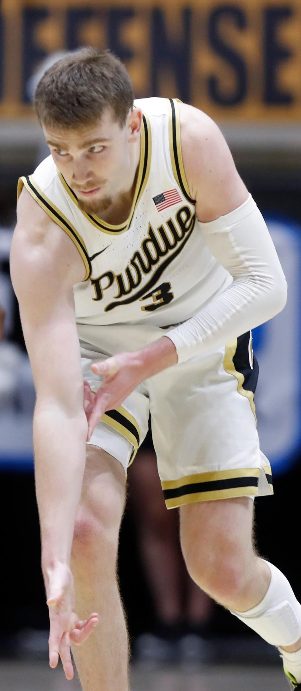 Purdue Boilermakers guard Braden Smith (3) reacts after scoring during the NCAA men’s basketball game against the Penn State Nittany Lions, Saturday, Jan. 13, 2024, at Mackey Arena in West Lafayette, Ind.