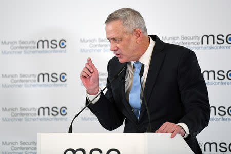 Former Israeli armed forces chief of staff Benny Gantz speaks at the annual Munich Security Conference in Munich, Germany February 17, 2019. REUTERS/Andreas Gebert