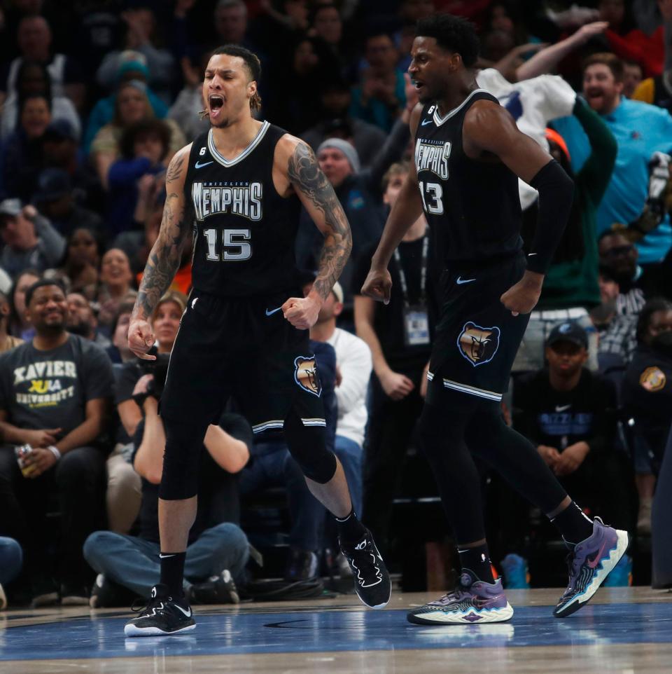 The Memphis Grizzlies forward Brandon Clarke (15) screams with emotion after dunking the ball against the Minnesota Timberwolves in a game on Feb. 10, 2023 at the Fedex Forum in Memphis.