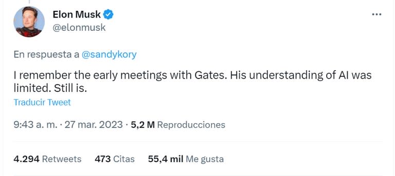 Elon Musk señaló que la comprensión de Gates sobre la IA es "limitada"