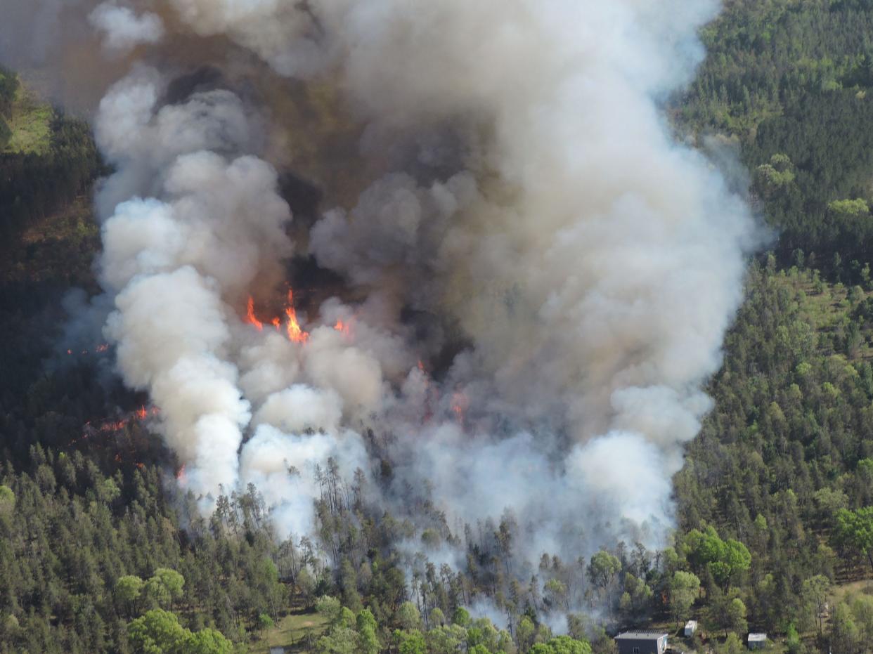 A full crown wildfire burns in jack pine and red pine in northern Wexford County in 2023.