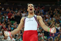 LONDON, ENGLAND - JULY 30: Danell Leyva of the United States reacts in the Artistic Gymnastics Men's Team final on Day 3 of the London 2012 Olympic Games at North Greenwich Arena on July 30, 2012 in London, England. (Photo by Ronald Martinez/Getty Images)