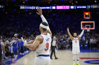 New York Knicks' Josh Hart (3) and New York Knicks' Jalen Brunson react after winning Game 6 in an NBA basketball first-round playoff series against the Philadelphia 76ers, Thursday, May 2, 2024, in Philadelphia. (AP Photo/Matt Slocum)