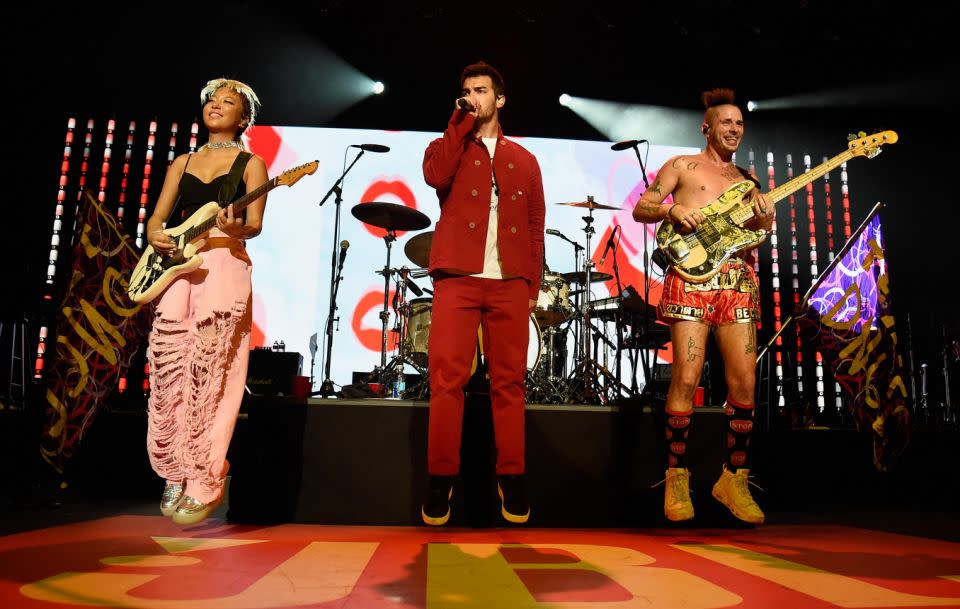 Bonnie Tyler was joined by DNCE for the hit performance on the cruise. Source: Getty