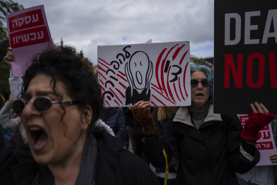 Israeli women demand the immediate release of the Israeli hostages held in the Gaza Strip by the Hamas militant group at a protest in Tel Aviv, Israel, Wednesday, Jan. 24, 2024. (AP Photo/Oded Balilty)