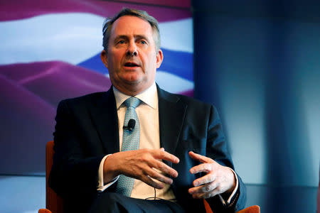 REFILE - CORRECTING NAME OF THE EVENT Britain's Secretary of State for International Trade Liam Fox speaks at an event hosted by Thomson Reuters in Manhattan, New York, U.S., March 16, 2018. REUTERS/Shannon Stapleton