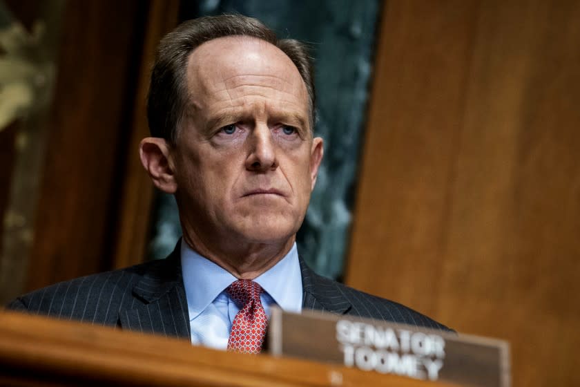 Sen. Pat Toomey, R-Pa., questions Treasury Secretary Steven Mnuchin during a Congressional Oversight Commission hearing on Capitol Hill in Washington, Thursday Dec. 10, 2020. (Sarah Silbiger/The Washington Post via AP, Pool)