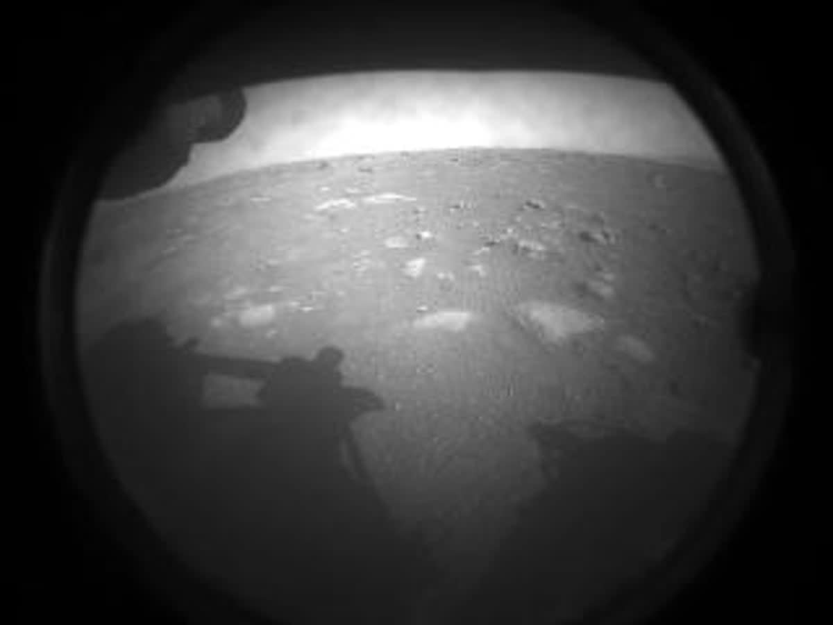 The first image taken by Nasa’s Perseverance rover after landing on Mars in 2021 (Nasa)