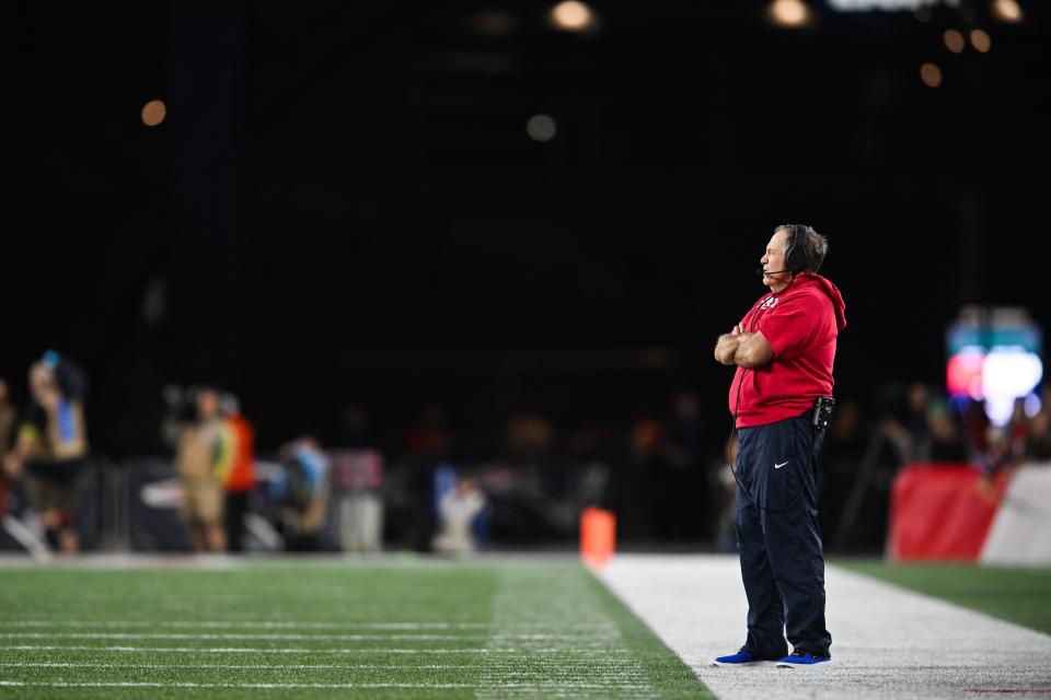 FOXBORO, MA - SEPTEMBER 17: Bill Belichick, head coach of the New England Patriots stands on the sidelines in the fourth quarter against the Miami Dolphins at Gillette Stadium on September 17, 2023 in Foxboro, Massachusetts. (Photo by Kathryn Riley/Getty Images)