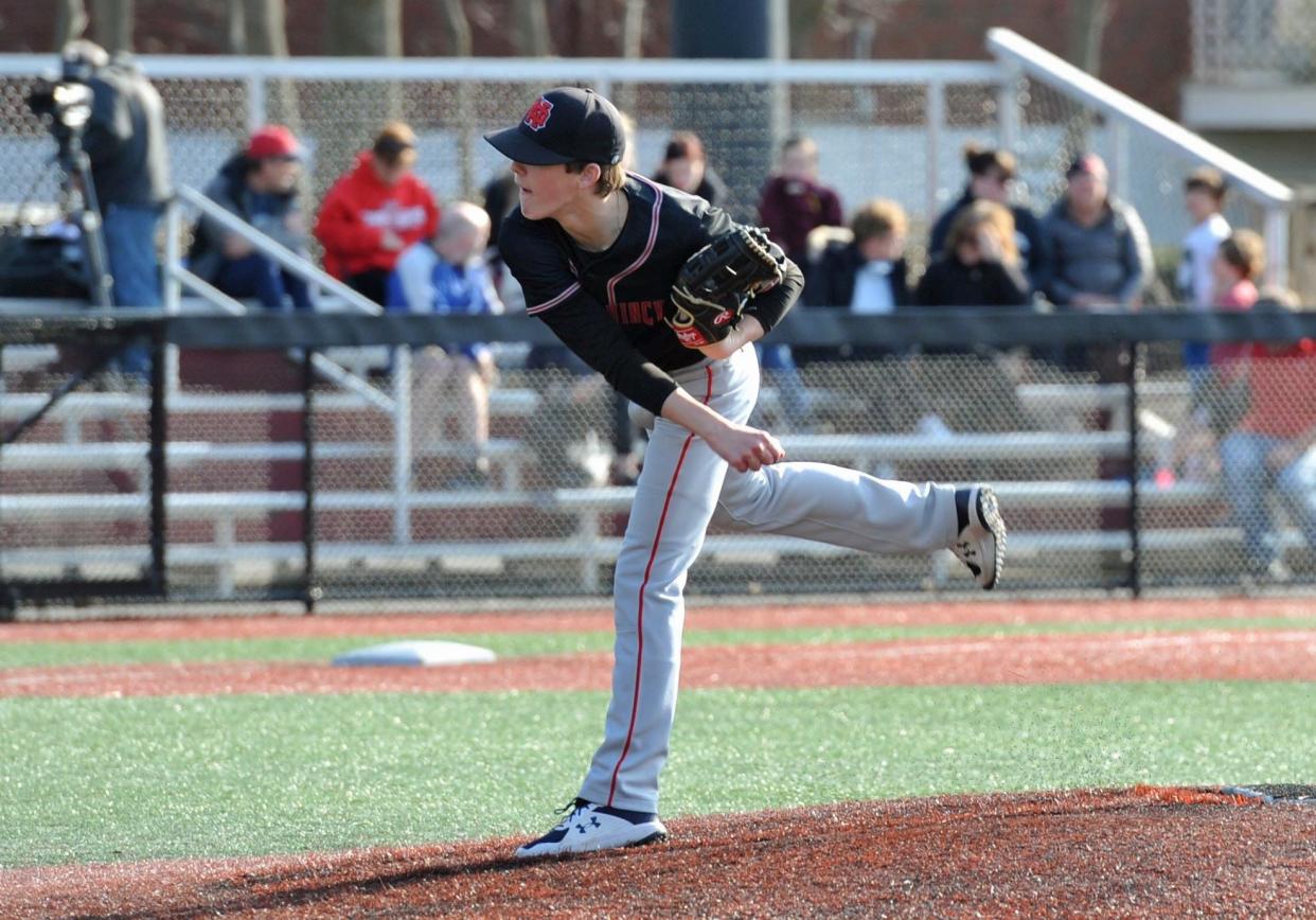 North Quincy relief pitcher Aidan McCarthy hurls one in against Weymouth during high school baseball at Libby Field in Weymouth, Tuesday, April 4, 2023.