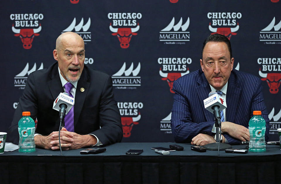 Chicago Bulls executive vice president John Paxson and general manager Gar Forman face more questions. (Getty Images)