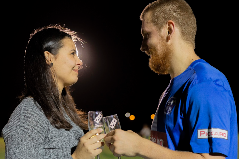 The pair kept things cheesy with their pizza proposal. Photo: Dominos