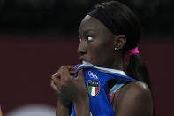 Italy's Paola Ogechi Egonu concentrates during the women's volleyball preliminary round pool B match between United States and Italy at the 2020 Summer Olympics, Monday, Aug. 2, 2021, in Tokyo, Japan. (AP Photo/Frank Augstein)