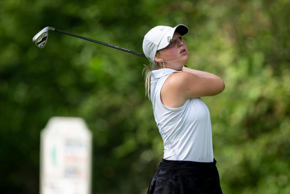 Addison Eades watches her tee shot on the No. 8 hole in the Championship Flight for the Kone Elevator Drysdale Junior Golf Tournament at Bunn Golf Course in Springfield, Ill., Thursday, July 15, 2021. [Justin L. Fowler/The State Journal-Register] 