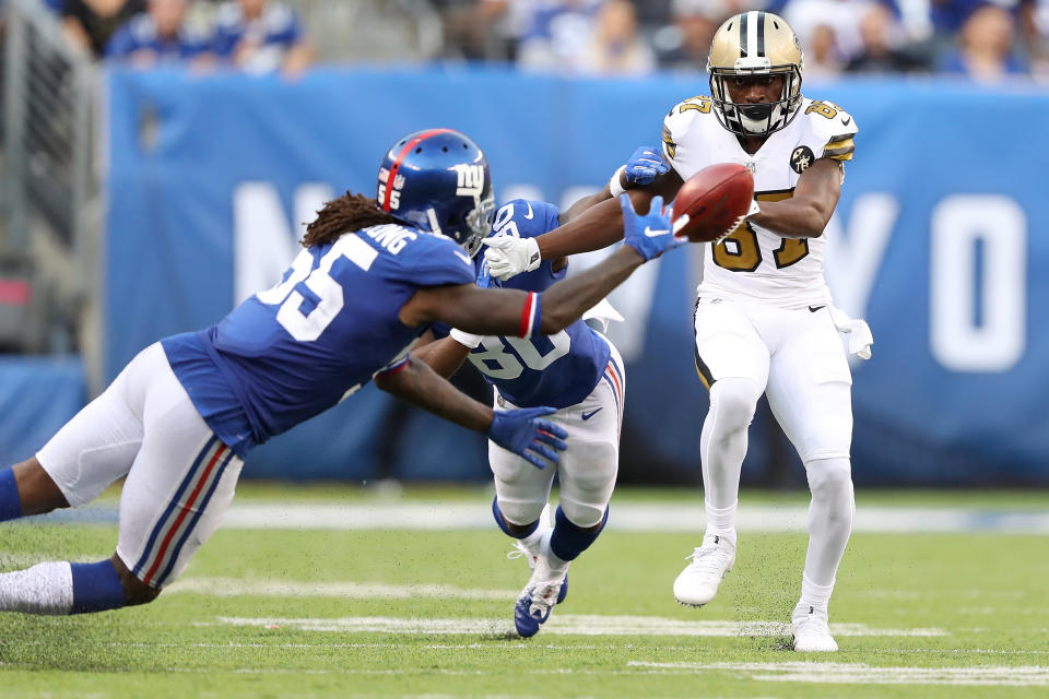 <p>Brandon Tate #87 of the New Orleans Saints bobbles a punt return during the second quarter against the New York Giants at MetLife Stadium on September 30, 2018 in East Rutherford, New Jersey. (Photo by Elsa/Getty Images) </p>