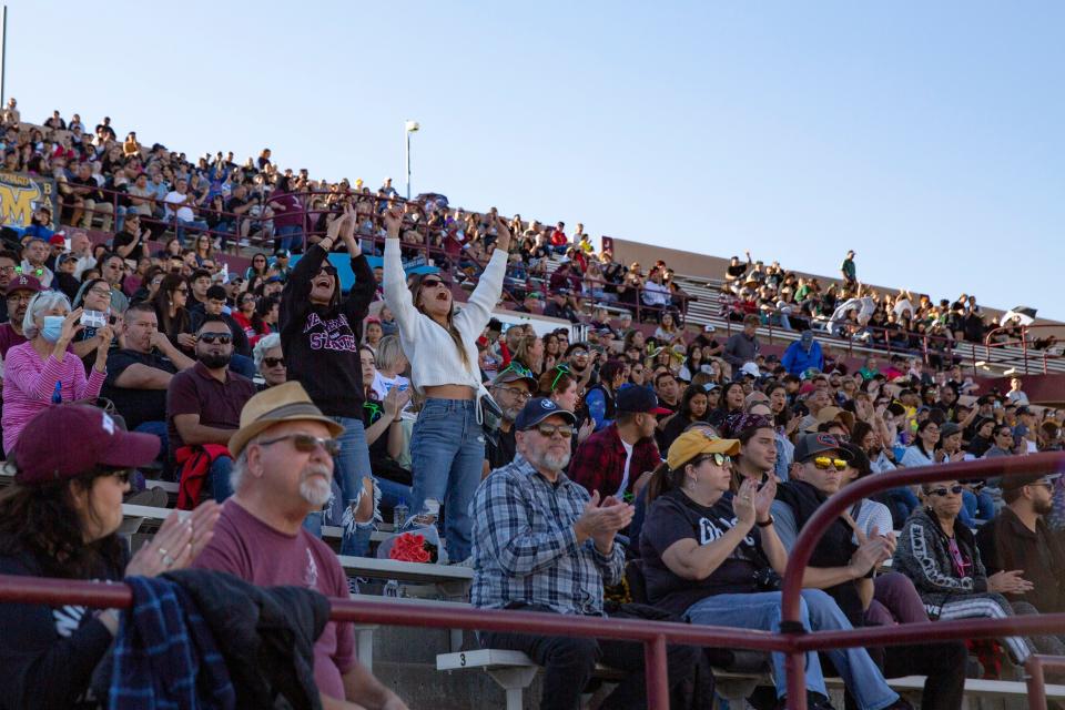 The crowd cheers as Las Cruces High School's band performs during Tournament of Bands on Saturday, Oct. 29th, 2022, at the Aggies Memorial Stadium.