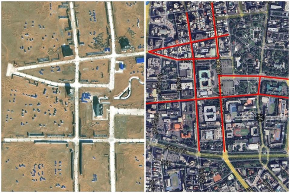 有軍事迷在社群揭露疑似內蒙古一處靶場的衛星圖，對比分析後高機率是以台北市博愛特區為原型所建造。（翻攝自X@sfx_ewss）