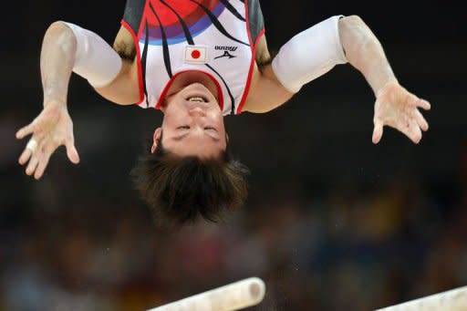 Japan's gymnast Kohei Uchimura competes on the parrallel bars during the men's qualification of the artistic gymnastics event of the London Olympic Games. Uchimura said he was "not worried" about his own performance levels, but conceded that improvements needed to be made
