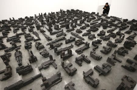 A member of the gallery takes a photograph of a piece called "Sleeping Field", by artist Antony Gormley, which forms part of an exhibition entitled "Fit", at the White Cube gallery in London, Britain September 29, 2016. REUTERS/Peter Nicholls