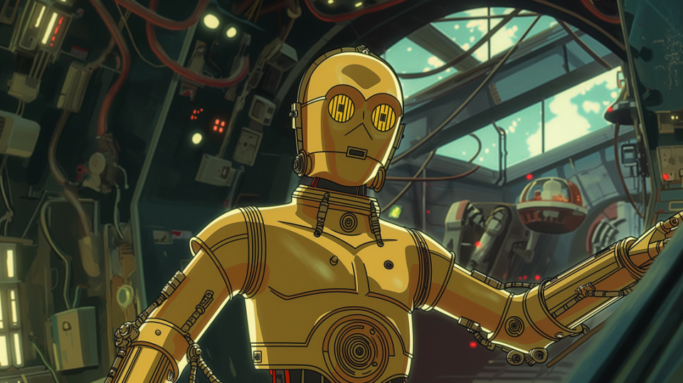 C-3PO from Star Wars gestures in a spaceship cockpit with dials and windows showing space