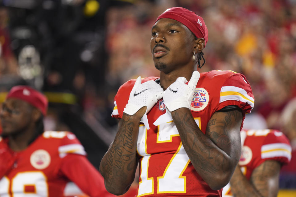 KANSAS CITY, MO - NOVEMBER 06: Mecole Hardman #17 of the Kansas City Chiefs stands for the national anthem against the Tennessee Titans at GEHA Field at Arrowhead Stadium on November 6, 2022 in Kansas City, Missouri. (Photo by Cooper Neill/Getty Images)