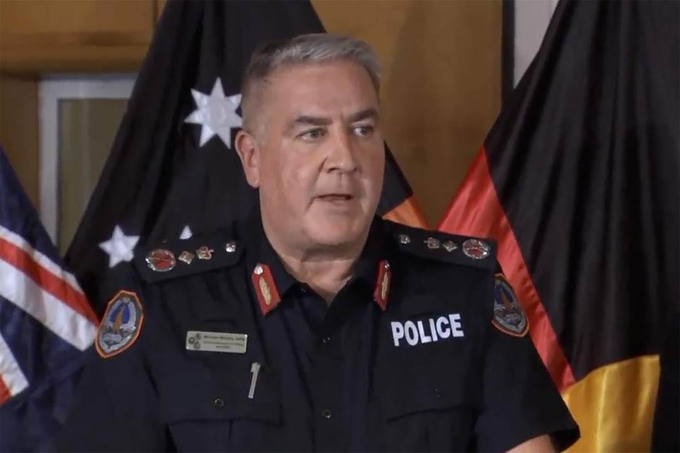 In this image from a video, Australia's Northern Territory Police Commissioner Michael Murphy speaks at a press conference in Darwin, Australia Monday, Aug. 28, 2023. Several U.S. Marines remained in a hospital in the Australian north coast city of Darwin on Monday after they were injured in a fiery crash of a tiltrotor aircraft that killed three of their colleagues on an island. (Australian Broadcasting Corp. via AP)