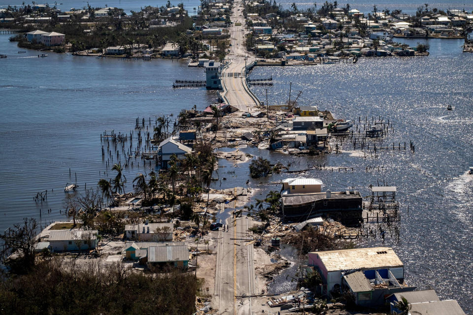 The only access to the Matlacha neighborhood destroyed in the aftermath of Hurricane Ian in Fort Myers, Fla., on Sept. 30, 2022. (Ricardo Arduengo / AFP via Getty Images)