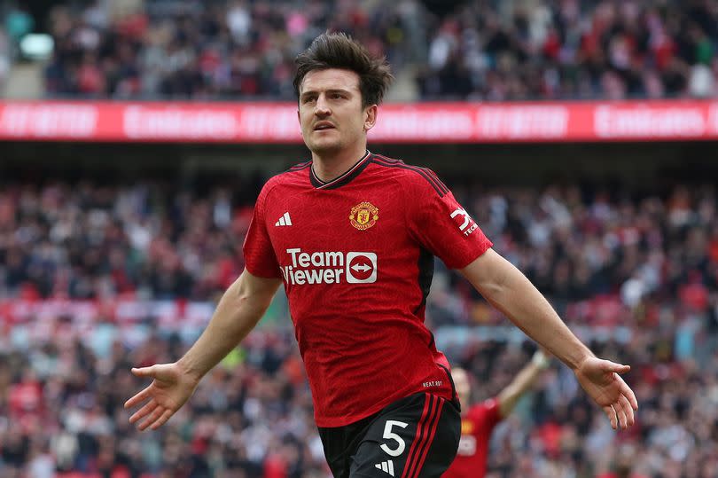 Harry Maguire celebrates after scoring for Manchester United against Coventry City at Wembley.