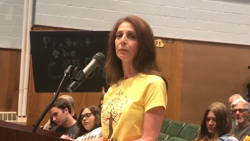Roxbury High School librarian Roxana Caivano, who is suing four residents for harassment, speaks out against banning LGBTQ books during a meeting.