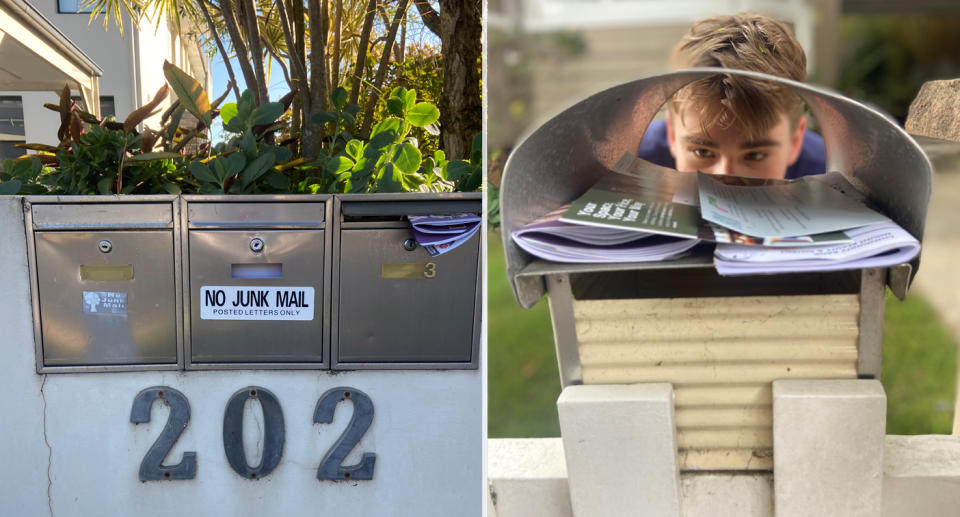 Three mailboxes, including one featuring a 'No Junk Mail' sticker (left) a man peaks into a letter box containing pamphlets (right).