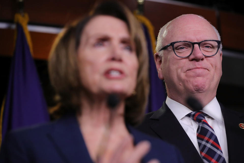 Rep. Joseph Crowley (D-NY) and House Minority Leader Nancy Pelosi (D-CA) talk to reporters following a meeting of the House Democratic caucus at the U.S. Capitol Jan. 31, 2018 in Washington, DC. House Democratic leaders responded to President Donald Trump's first State of the Union address he delivered Tuesday night.  (Photo: Chip Somodevilla/Getty Images)