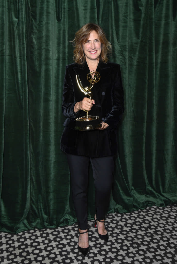 LONDON, ENGLAND - SEPTEMBER 19: Jessica Hobbs celebrates winning the Emmy award for 'Outstanding Directing for a Drama Series', at the 'The Crown' 73rd Primetime Emmys Celebration at Soho House on September 19, 2021 in London, England. (Photo by Gareth Cattermole/Getty Images)