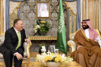 U.S. Secretary of State Mike Pompeo, left, meets with Saudi Arabia's Crown Prince Mohammed bin Salman in Jeddah, Saudi Arabia, on Wednesday, Sept 18, 2019. (Mandel Ngan/Pool Photo via AP)