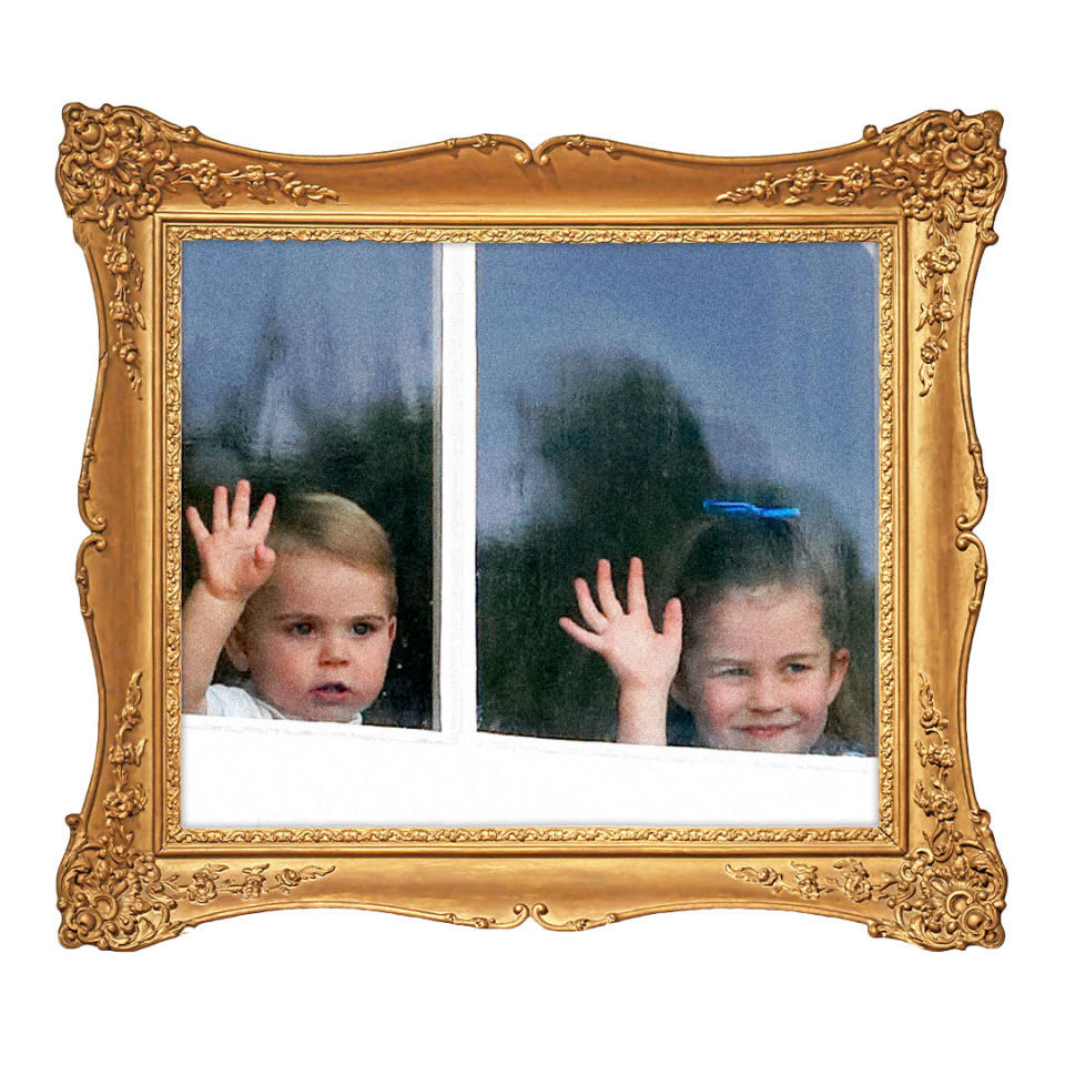 Prince Louis and Princess Charlottewave from a window of Buckingham Palace as they attend Trooping The Colour, the Queen's annual birthday parade, on June 8, 2019 in London, England.