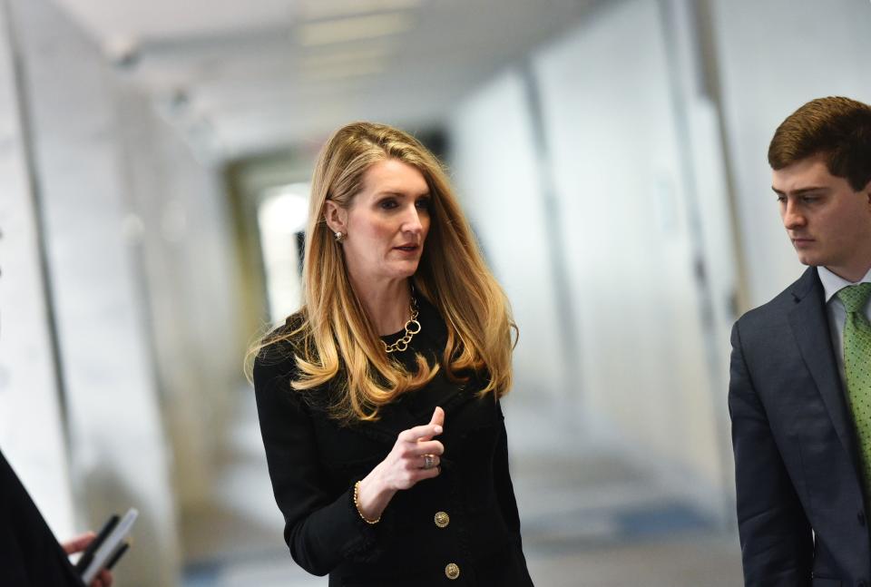 US Senator Kelly Loeffler, R-GA, arrives for the Republican policy luncheon at the Hart Senate Office Building in Washington, DC on March 19, 2020. - Loeffler and Senator Richard Burr  are facing calls to resign after it was reported that the Republican lawmakers sold stock holdings before the COVID-19 epidemic crashed markets.  Both of the senators reportedly attended briefings on the novel coronavirus outbreak and publicly sought to calm nerves as they dumped chunks of their portfolios ahead of market turmoil in March. (Photo by MANDEL NGAN / AFP) (Photo by MANDEL NGAN/AFP via Getty Images)