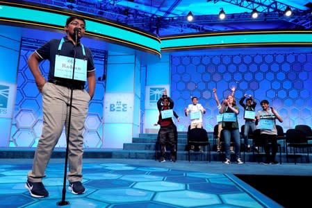Rohan Raja competes in the final round of the 92nd annual Scripps National Spelling Bee in Oxon Hill, Maryland.