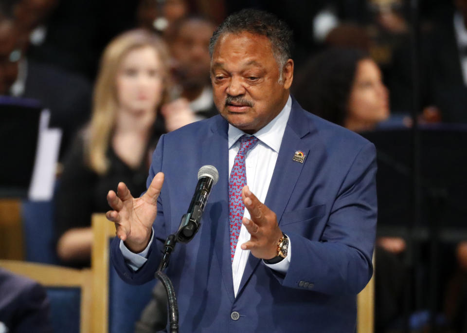 Rev. Jesse Jackson speaks during the funeral service for Aretha Franklin at Greater Grace Temple, Friday, Aug. 31, 2018, in Detroit. Franklin died Aug. 16, 2018 of pancreatic cancer at the age of 76. (AP Photo/Paul Sancya)