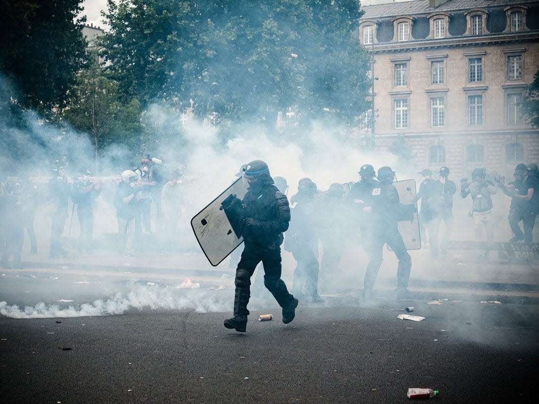 Clashes between demonstrators and police broke out at the end of the demonstration on June 13, 2020, in Paris, France.