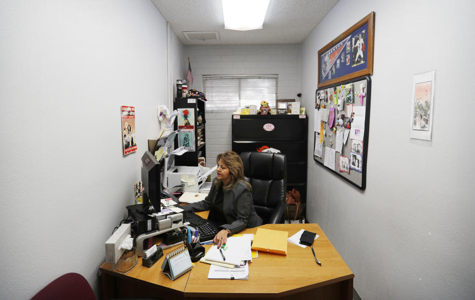 Beatrice "Bea" Angela Duran works in her office at the Culinary Union, Tuesday, Dec. 18, 2018, in Las Vegas. Nevada became the first state in the U.S. with an overall female majority in the Legislature on Tuesday when county officials in Las Vegas appointed Duran and another women to fill vacancies in the state Assembly.(AP Photo/John Locher)