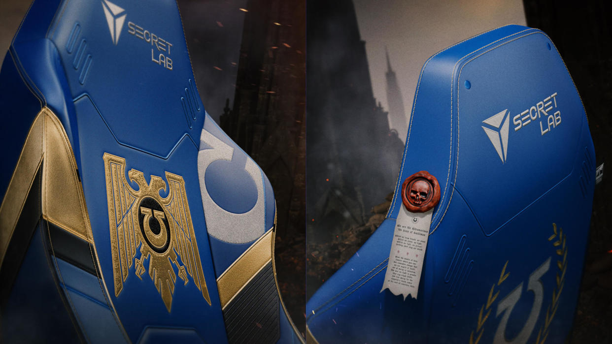  Images of the Warhammer 40k Titan Evo Ultramarine edition gaming chair, a collaboration between Games Workshop and Secretlab. 