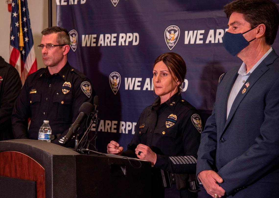Interim Chief Brigit Clary addresses the media during an evening press briefing held at the Richland Police Department main office following the Fred Meyer shooting early in the day in Richland, WA. Jennifer King/jking@tricityherald.com