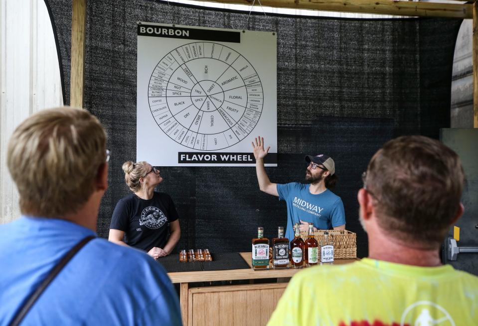 Nate Haynes, certified executive bourbon steward, talks about the different flavors of bourbon during a tasting at Bluegrass Distillers recently.