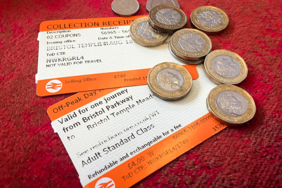 File photo dated 14/08/18 of rail tickets and money. Train passengers will get an indication on Wednesday of how much ticket prices may rise, amid calls for fares to be frozen. Issue date: Tuesday August 17, 2021.