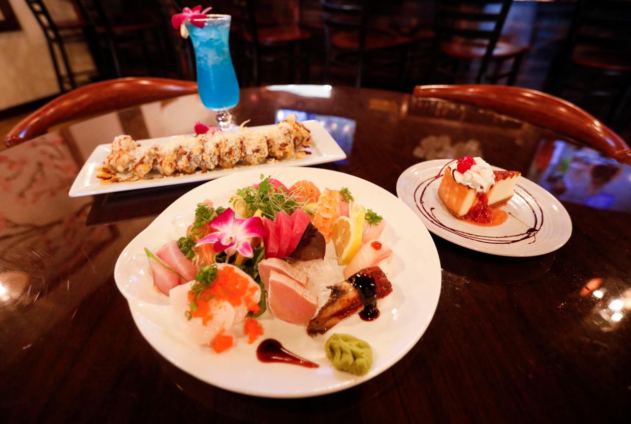 The Momo platter, sushi fire cracker, and bržlŽe cheesecake at Momo Sushi and Grill, a new Japanese restaurant at 2767 W. Republic Road in Springfield.
