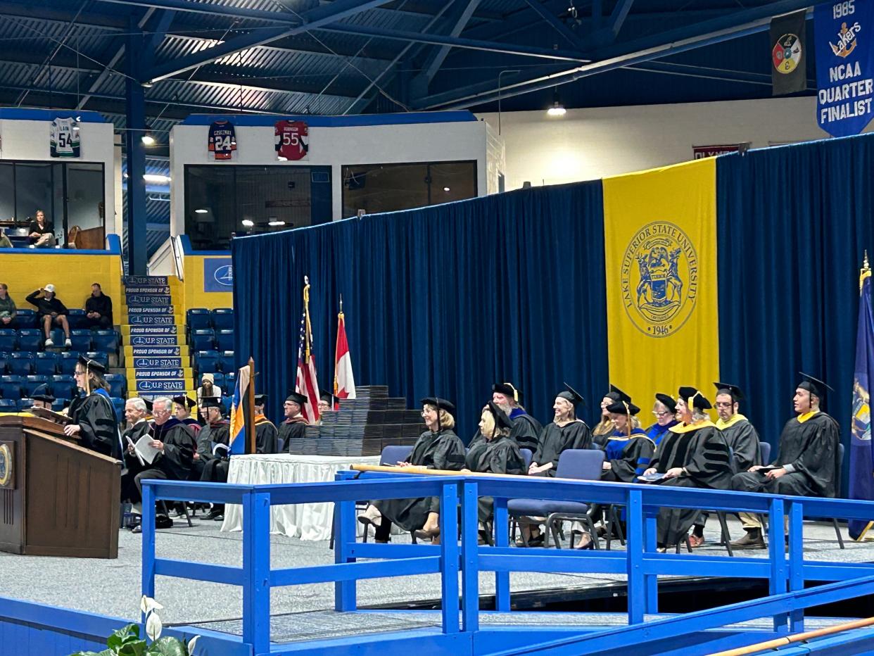 Kimberly Muller presents guests speakers on Saturday, May 4, 2024 during the Lake Superior State University commencement ceremony.