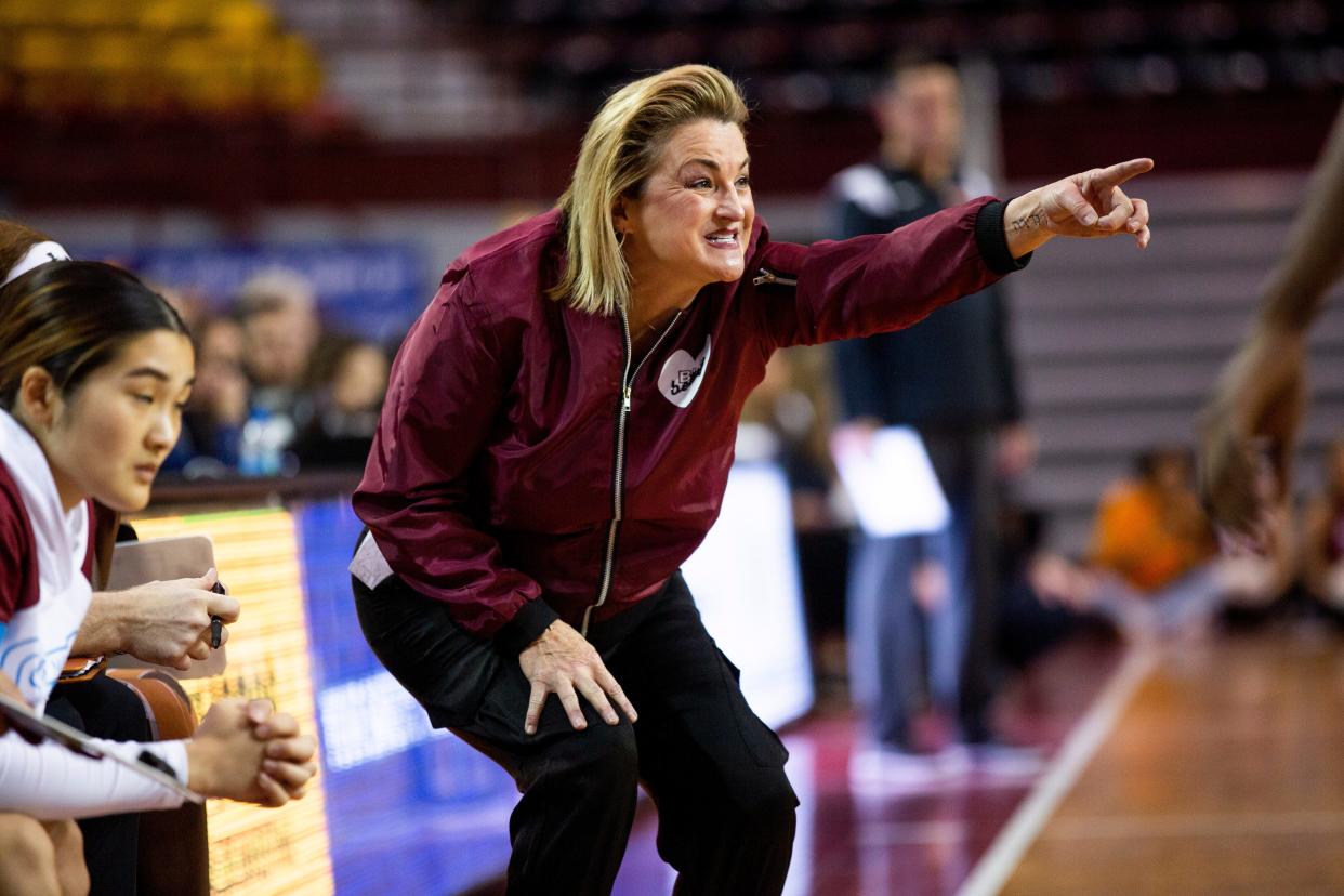 NMSU head coach Jody Adams points to one of her players during a women's college basketball game on Tuesday, Dec. 13, 2022, at the Pan American Center.