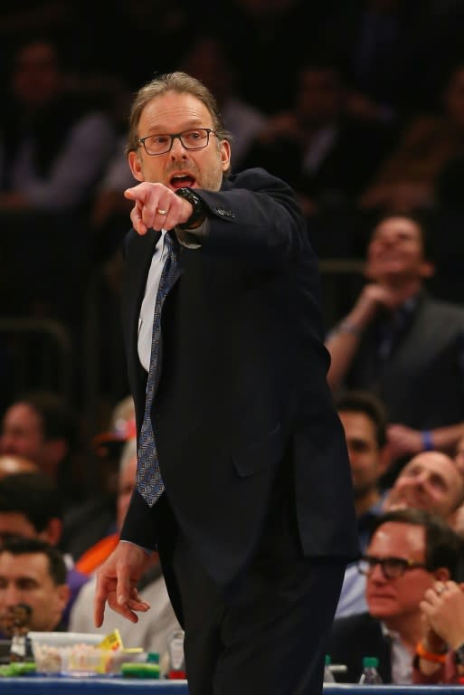 Interim head coach Kurt Rambis of the New York Knicks shouts instructions to his team during the match against the Washington Wizards on February 9, 2016 in New York City