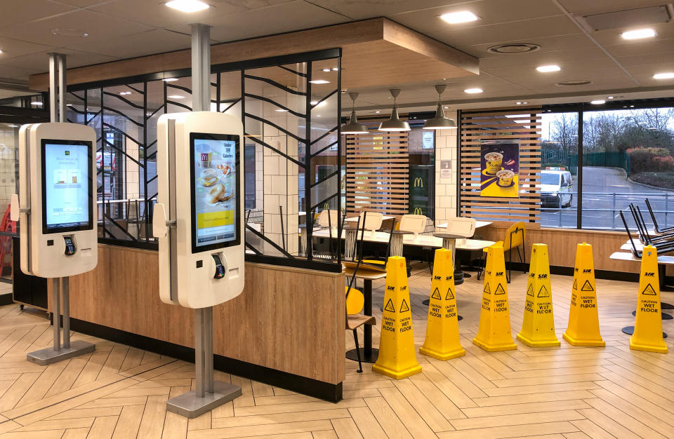 The closed off seating area inside a McDonald's restaurant in Leicester, as all McDonalds restaurants in the UK and Ireland become takeaways, drive-thrus and delivery operations as the company attempts to cope with the coronavirus outbreak.