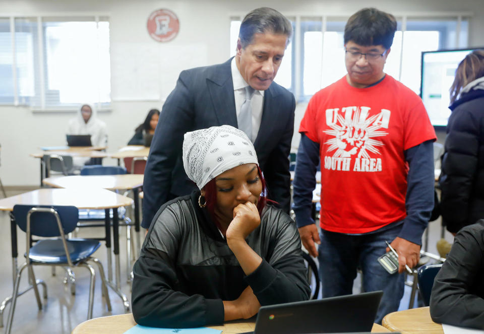 Superintendent Alberto Carvalho visits teachers and students at John C. Fremont High School. (Christina House / Los Angeles Times / Getty Images)